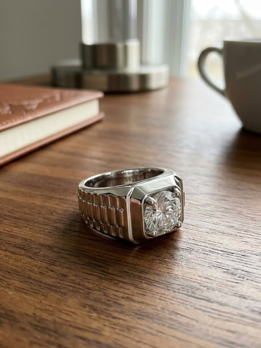 Mens 2CT Moissanite Ring Mens Wedding Band, White Gold